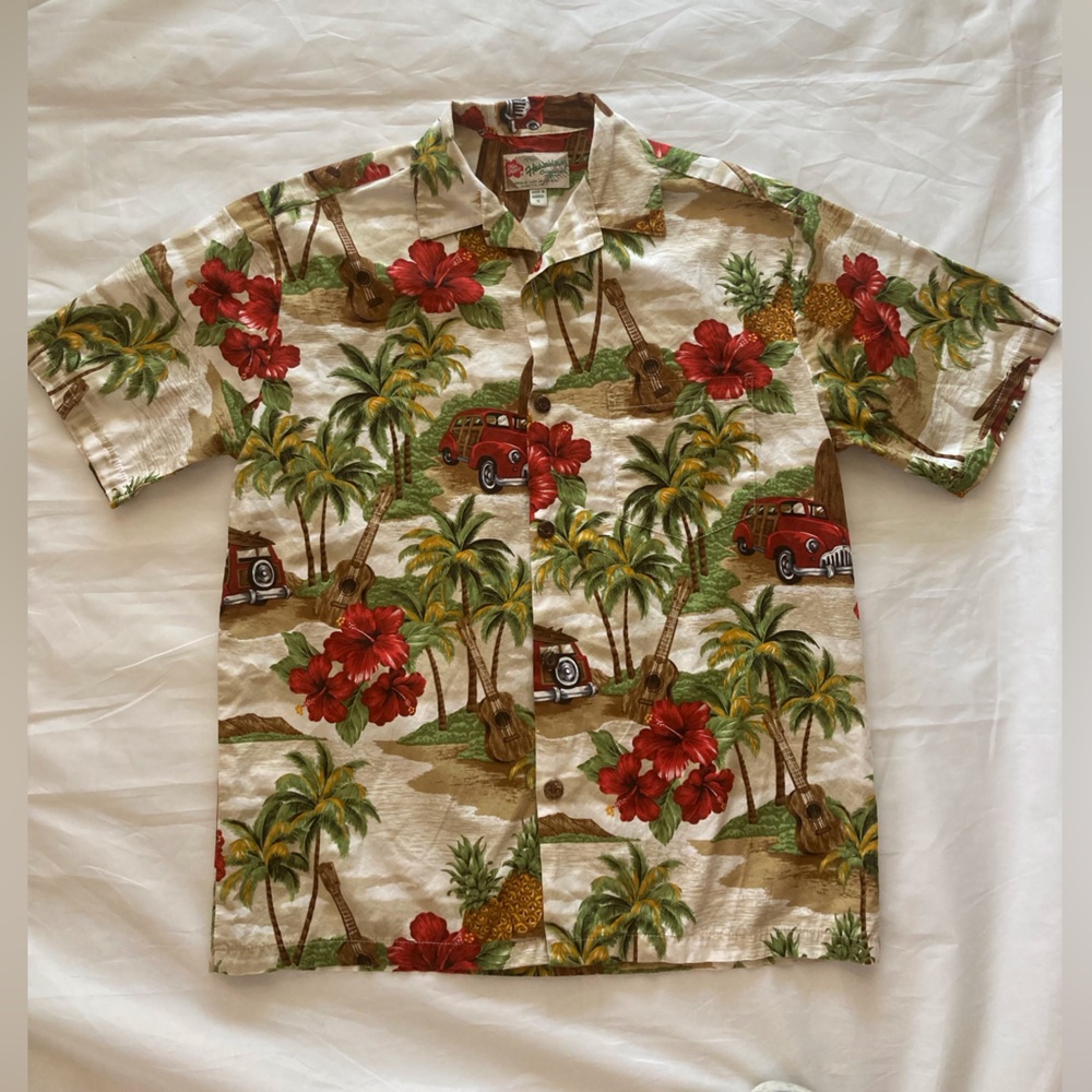 Hilo Hattie Hawaiian Shirt Vintage Woodies/Surfboards/Hibiscus 100% Cotton USA
